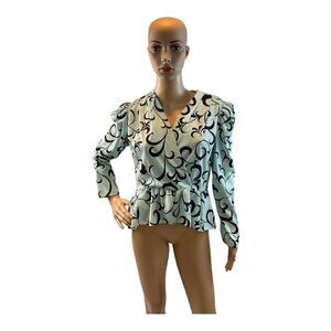 Sally Lou Women’s Vintage Midi Peplum Blouse Blue And Black Puff Sleeve Size 10.